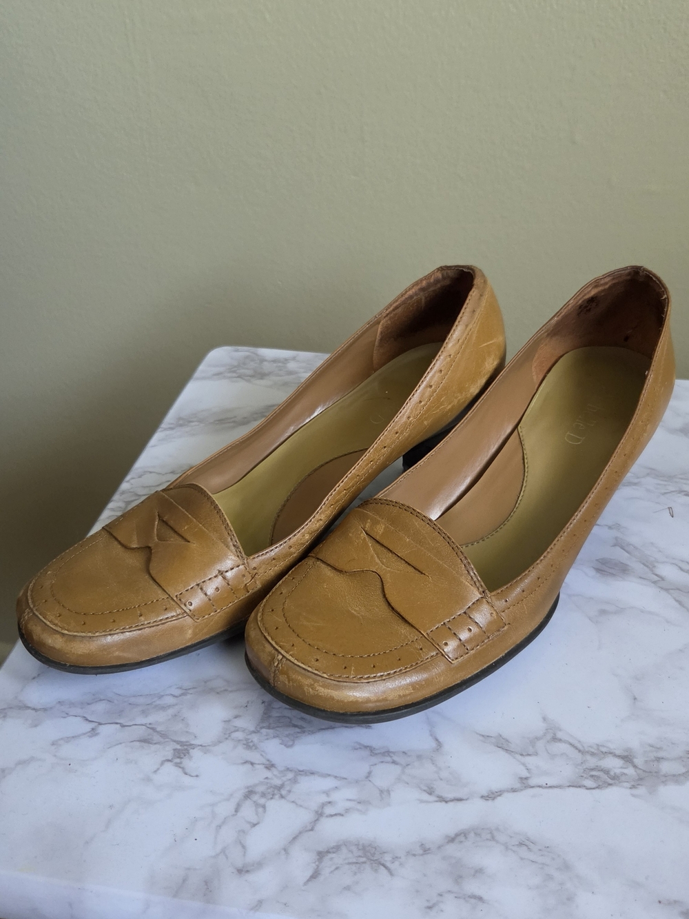Michelle D Tan Leather Penny Loafer Heels